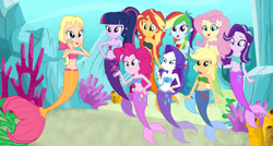 Size: 1280x686 | Tagged: safe, artist:fireluigi29, artist:legobuilder100, derpibooru import, applejack, fluttershy, megan williams, pinkie pie, rainbow dash, rarity, sci-twi, starlight glimmer, sunset shimmer, twilight sparkle, mermaid, equestria girls, amazed, coral, fish tail, happy, humane five, humane seven, humane six, looking at each other, looking at someone, mermaid tail, mermarity, smiling, smiling at each other, tail, underwater, water