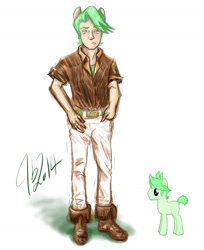 Size: 1280x1572 | Tagged: safe, artist:bythebrink, artist:littlegenius13, derpibooru import, oc, oc only, earth pony, human, pony, 2014, boots, clothes, eared humanization, hand in pocket, humanized, looking up, male, pants, shoes, simple background, solo, stallion, white background