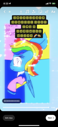 Size: 828x1792 | Tagged: safe, artist:enperry88, derpibooru import, rainbow dash, pegasus, pony, collaboration, clothes, color block, confused, crossover, female, mare, multicolored background, rainbow background, raised hoof, raised leg, shirt, splatoon 3, undershirt