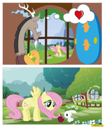 Size: 1255x1528 | Tagged: safe, artist:conikiblasu-fan, derpibooru import, edit, edited screencap, screencap, angel bunny, discord, fluttershy, draconequus, pegasus, pony, rabbit, animal, apple, food, heart, house, looking out the window, scene interpretation, signature, theme song, window