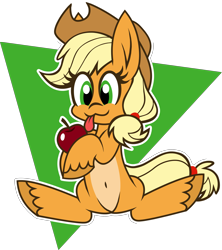 Size: 3257x3665 | Tagged: safe, artist:tridashie, derpibooru import, applejack, earth pony, pony, apple, belly button, eye clipping through hair, female, food, full body, hoof hold, mare, pale belly, simple background, solo, transparent background, unshorn fetlocks