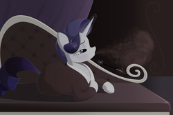 Size: 8000x5333 | Tagged: safe, alternate version, artist:mizhisha, derpibooru import, rarity, pony, unicorn, blowing smoke, cigarette, cigarette holder, classy, clothes, curtains, eyeshadow, female, glowing, glowing horn, horn, lineless, magic, makeup, mare, noir, robe, sofa, solo, telekinesis