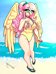 Size: 1800x2400 | Tagged: safe, artist:ashes-arts, artist:mylittleyuri, derpibooru import, fluttershy, human, alternate hairstyle, beach, blushing, breasts, choker, cleavage, clothes, cute, elf ears, feet, female, hootershy, humanized, ocean, one-piece swimsuit, sand, sandals, shyabetes, solo, swimsuit, water, winged humanization, wings