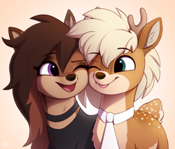 Size: 2000x1700 | Tagged: safe, artist:luminousdazzle, derpibooru import, oc, oc only, oc:deeraw, oc:elmwood, deer, deer pony, original species, antlers, chest fluff, clothes, coat markings, deer oc, doe, duo, ear fluff, ears, female, freckles, friends, long mane, looking at each other, looking at someone, male, necktie, non-pony oc, purple eyes, shirt, smiling, smiling at each other, stag, teal eyes