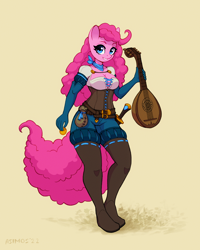 Size: 1600x2000 | Tagged: safe, artist:asimos, derpibooru import, part of a set, pinkie pie, anthro, earth pony, bard, bard pie, boots, breasts, cleavage, clothes, corset, fantasy class, female, gloves, gold, gold coins, gradient background, long gloves, looking at you, lute, mare, melee weapon, musical instrument, shoes, shorts, smiling, smiling at you, solo, sword, thigh boots, weapon
