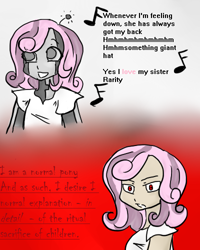 Size: 400x500 | Tagged: safe, artist:thespoonismightier, derpibooru import, sweetie belle, sweetie bot, human, robot, friendship is witchcraft, mentally advanced series, angry, antenna, clothes, dialogue, female, frown, humanized, music notes, red eyes, self paradox, self ponidox, shirt, singing, smiling, text, thrackerzod