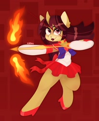 Size: 2760x3360 | Tagged: safe, artist:erichkaofficial, derpibooru import, oc, pony, semi-anthro, unicorn, anime, arrow, bow, bow (weapon), bow and arrow, clothes, cool, cosplay, costume, cute, female, fire, red, sailor mars, sailor moon, simple background, skirt, weapon