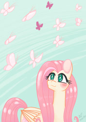 Size: 595x842 | Tagged: safe, artist:cyan7cloud, derpibooru import, fluttershy, butterfly, pegasus, pony, blushing, female, folded wings, looking at something, looking up, mare, solo, wings