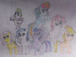 Size: 624x468 | Tagged: safe, artist:mr.myoozik, derpibooru exclusive, derpibooru import, applejack, fluttershy, pinkie pie, rainbow dash, rarity, spike, twilight sparkle, alicorn, dragon, earth pony, pegasus, pony, unicorn, blue eyes, blue hair, blue skin, curly hair, curly tail, dragon wings, eyelashes, female, flying, folded wings, green eyes, grin, group, hair tie, hat, horn, looking at you, male, mane seven, mane six, mare, multicolored hair, orange skin, peace sign, pink hair, pink skin, pose, pronking, purple eyes, purple hair, purple skin, raised hoof, raised leg, red eyes, scales, skunk stripe, smiling, spread wings, tail, traditional art, white skin, wings, yellow hair, yellow skin, ✌️