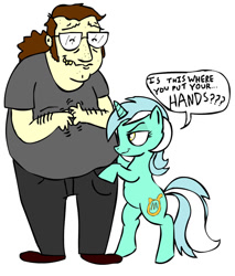 Size: 900x1057 | Tagged: safe, artist:corwin, derpibooru import, lyra heartstrings, human, pony, unicorn, bipedal, brony stereotype, clothes, female, hand, male, mare, that pony sure does love hands