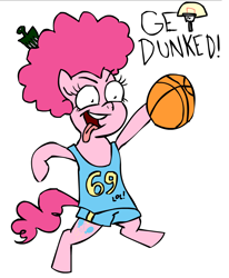 Size: 930x1128 | Tagged: safe, artist:corwin, derpibooru import, pinkie pie, earth pony, pony, basketball, bipedal, female, simple background, sports, tongue, tongue out, white background