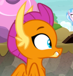 Size: 529x554 | Tagged: safe, derpibooru import, screencap, silverstream, smolder, classical hippogriff, dragon, hippogriff, uprooted, cropped, dragoness, female, offscreen character, reaction image, solo focus