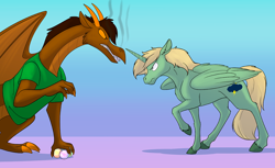 Size: 1296x792 | Tagged: safe, artist:foxenawolf, derpibooru import, oc, oc only, oc:mark wells, alicorn, dragon, pony, fanfic:mark my words, clothes, duo, fanfic art, female, male, shirt, smoking mouth, stallion