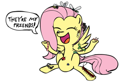 Size: 1100x750 | Tagged: safe, artist:corwin, derpibooru import, fluttershy, insect, pegasus, pony, scorpion, spider, belly, cute, female, insect on nose, simple background, solo, transparent background