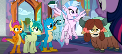 Size: 943x418 | Tagged: safe, derpibooru import, screencap, gallus, ocellus, sandbar, silverstream, smolder, twilight sparkle, twilight sparkle (alicorn), yona, alicorn, changedling, changeling, classical hippogriff, dragon, earth pony, griffon, hippogriff, pony, yak, uprooted, bow, cloven hooves, colored hooves, cropped, hair bow, jewelry, monkey swings, necklace, student six