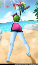 Size: 588x1000 | Tagged: safe, artist:clouddg, derpibooru import, rainbow dash, equestria girls, baseball bat, beach, butt, feet, flip-flops, food, palm tree, rainbutt dash, sandals, tree, watermelon