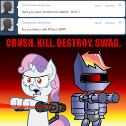 Size: 500x500 | Tagged: safe, artist:scramjet747, derpibooru import, rainbow dash, sweetie belle, sweetie bot, pegasus, pony, robot, robot pony, unicorn, .mov, angry, anonymous, bipedal, crush kill destroy swag, female, filly, foal, frown, horn, jetpack, magic.mov, mare, multicolored hair, pony.mov, r-dash 5000, rainbot dash, rainbow hair, sweetie bot replies, text, tumblr, xk-class end-of-the-world scenario