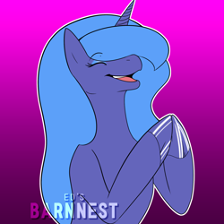 Size: 2160x2160 | Tagged: safe, artist:barnnest, princess luna, alicorn, pony, eyes closed, female, gradient background, hooves together, mare, open mouth, open smile, s1 luna, smiling, solo, watermark, white outline