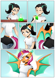 Size: 2480x3508 | Tagged: safe, artist:buvanybu, derpibooru import, oc, oc only, oc:lyra heartscoota, alicorn, anthro, bat pony, bat pony alicorn, human, bat pony oc, bat wings, comic, female, high res, horn, human to anthro, potion, solo, species swap, transformation, transformation sequence, wings