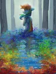 Size: 1620x2160 | Tagged: safe, artist:lendftcn, derpibooru import, rainbow dash, pegasus, pony, butt, ears, female, film grain, floppy ears, folded wings, forest, mare, plot, rainbow, raised hoof, raised leg, reflection, solo, wings