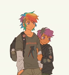 Size: 1837x2009 | Tagged: safe, artist:dinottosaur, derpibooru import, rainbow dash, scootaloo, human, backpack, bad religion, blink-182, blushing, buttons, clothes, duo, female, hand in pocket, humanized, pride, pride flag, shirt, simple background, sweat, sweatdrops, sweater, transgender pride flag, water bottle, white background