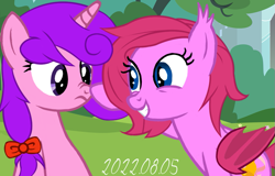 Size: 913x583 | Tagged: safe, artist:dark galaxy, derpibooru import, oc, oc:candlelight warmth, oc:cheery bell, bat pony, pony, unicorn, bat pony oc, female, horn, mare, playing, sibling love, sister, sisterly love, unicorn oc