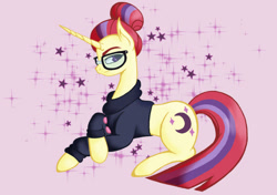 Size: 1024x722 | Tagged: safe, artist:javira-butterfly, derpibooru import, moondancer, pony, unicorn, alternate hairstyle, clothes, crossed legs, female, glasses, hair bun, lidded eyes, mare, solo, sweater