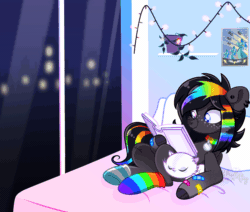Size: 2000x1692 | Tagged: safe, artist:helithusvy, derpibooru import, edit, oc, oc only, cat, pegasus, pony, animated, base used, bed, book, city, cityscape, clothes, commission, female, gif, mare, open book, pegasus oc, pet, rainbow socks, reading, shooting star, socks, striped socks, window, ych result