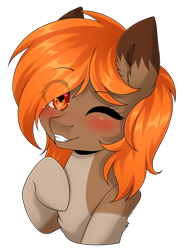 Size: 3295x4430 | Tagged: safe, artist:torihime, derpibooru import, oc, oc only, oc:autumn breeze, earth pony, pony, blushing, brown coat, bust, chest fluff, coat markings, colored eartips, ear fluff, ears, eye clipping through hair, eyebrows, eyebrows visible through hair, female, heart, heart eyes, looking at you, mare, one eye closed, orange eyes, orange mane, pale belly, simple background, smiling, smiling at you, socks (coat marking), solo, transparent background, wingding eyes, wink, winking at you