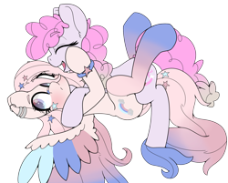 Size: 2757x2221 | Tagged: safe, artist:gnashie, derpibooru import, oc, oc only, oc:crystal star, oc:glitter sketch, earth pony, pegasus, blushing, bracelet, clothes, colored wings, ear piercing, earring, earth pony oc, eyes closed, gradient eyes, gradient mane, happy, jewelry, looking away, lying down, on back, open mouth, pegasus oc, piercing, redraw, simple background, socks, tackle hug, transparent background, wings