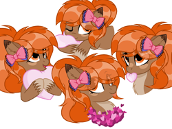 Size: 1841x1382 | Tagged: safe, artist:nackliza, derpibooru import, oc, oc only, oc:autumn breeze, earth pony, pony, bow, hair bow, heart, heart pillow, hearts and hooves day, pillow, simple background, solo, tongue, tongue out, white background