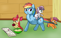 Size: 1247x767 | Tagged: safe, artist:scootieloo, derpibooru import, apple bloom, rainbow dash, scootaloo, sweetie belle, earth pony, pegasus, pony, unicorn, apple, babysitting, blank flank, book, bowl, cutie mark crusaders, female, filly, foal, food, mare, ponies riding ponies, pulling, riding, tail, tail pull, tongue, tongue out