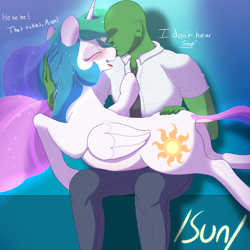 Size: 3000x3000 | Tagged: safe, artist:enonnnymous, derpibooru import, princess celestia, oc, oc:anon, alicorn, human, pony, series:anon loves celestia, /sun/, belly, blushing, butt, butt touch, clothes, cute, cutelestia, daaaaaaaaaaaw, dialogue, dock, female, hand on butt, heart, holding a pony, kissing, love, mare, nose kiss, nose wrinkle, sunbutt, tail