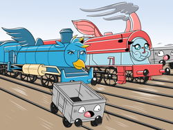 Size: 3600x2700 | Tagged: safe, artist:heart-of-a-dragoness, derpibooru import, gallus, ocellus, commission, inanimate tf, steam, steam engine, story included, train, train pony, trainified, transformation, truck, vehicle, waking up