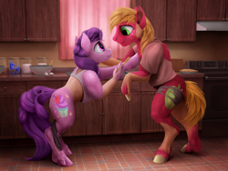 Size: 2000x1500 | Tagged: safe, artist:geoffrey mcdermott, derpibooru import, big macintosh, sugar belle, cabinet, duo, egg, female, human to pony, kitchen, male, species swap, stove, transformation