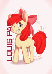 Size: 849x1200 | Tagged: safe, artist:nc131_, derpibooru import, apple bloom, earth pony, pony, adorabloom, cute, female, filly, foal, grin, one eye closed, smiling, solo, text, wink
