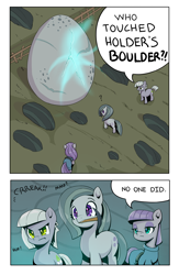 Size: 2008x3071 | Tagged: safe, artist:ahobobo, derpibooru import, limestone pie, marble pie, maud pie, earth pony, pony, comic, egg, female, holder's boulder, mare, mouth hold, pickaxe, question mark, rock, trio