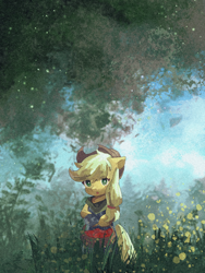 Size: 1620x2160 | Tagged: safe, artist:lendftcn, derpibooru import, applejack, earth pony, semi-anthro, :o, apple, applejack's hat, basket, clothes, cowboy hat, eye clipping through hair, female, film grain, food, grass, hat, hoof hold, looking at you, mare, open mouth, solo, tree