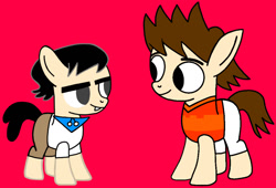 Size: 1482x1006 | Tagged: safe, artist:darlycatmake, derpibooru import, earth pony, pony, brothers, bucktooth, clothes, duo, duo male, female, filly, foal, half-siblings, happy, kids, looking at each other, looking at someone, male, pants, ponified, red background, siblings, simple background, smiling, smiling at each other, species swap, victor and valentino