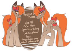 Size: 675x487 | Tagged: safe, artist:raya, derpibooru import, oc, oc only, oc:autumn breeze, earth pony, pony, bio, bow, hair bow, simple background, solo, text, transparent background