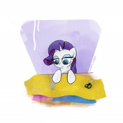 Size: 1773x1773 | Tagged: safe, artist:widelake, derpibooru import, rarity, unicorn, desk, fabric, ruler, scissors, solo