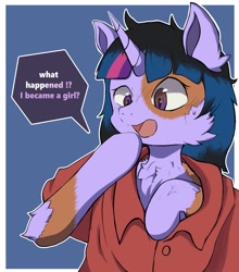 Size: 1319x1500 | Tagged: safe, artist:rataros, derpibooru import, twilight sparkle, human, pony, unicorn, bust, clothes, human to pony, male to female, open mouth, oversized clothes, oversized shirt, rule 63, shirt, shocked, species swap, speech bubble, transformation, transgender transformation, wide eyes