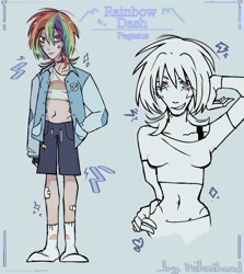 Size: 1156x1295 | Tagged: safe, artist:helenzka, derpibooru import, rainbow dash, human, alternate hairstyle, bandaid, belly button, belly piercing, blue background, bra, bra strap, clothes, female, fingerless gloves, gloves, grin, humanized, jacket, midriff, piercing, reference sheet, short shirt, shorts, simple background, smiling, socks, solo, underwear