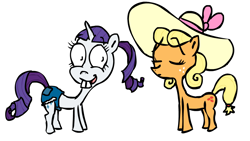 Size: 1064x598 | Tagged: safe, artist:corwin, derpibooru import, applejack, rarity, earth pony, pony, unicorn, 2012, alternate hairstyle, applejewel, bucktooth, clothes, daisy dukes, duo, female, hat, hilarious in hindsight, ponytail, rarihick, shorts, simple background, white background