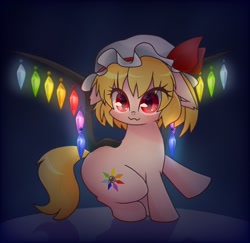 Size: 2048x1987 | Tagged: safe, artist:namaenonaipony, derpibooru import, pony, abstract background, dark background, eye clipping through hair, female, flandre scarlet, glowing, hat, looking at you, ponified, raised hoof, raised leg, solo, touhou