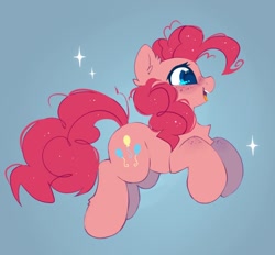 Size: 782x726 | Tagged: safe, artist:mirtash, derpibooru import, pinkie pie, earth pony, pony, blue background, ear fluff, ears, female, jumping, mare, open mouth, open smile, profile, simple background, smiling, solo, sparkles