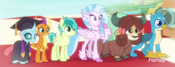 Size: 1527x587 | Tagged: safe, derpibooru import, screencap, gallus, ocellus, sandbar, silverstream, smolder, yona, changedling, changeling, classical hippogriff, dragon, earth pony, griffon, hippogriff, pony, yak, uprooted, bow, cloven hooves, colored hooves, cropped, dragoness, female, hair bow, jewelry, male, monkey swings, necklace, student six, teenager