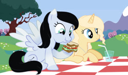 Size: 1280x753 | Tagged: safe, artist:cindystarlight, derpibooru import, oc, oc only, oc:lucy ghost, pegasus, pony, unicorn, base used, eating, female, food, lying down, mare, picnic blanket, prone, sandwich