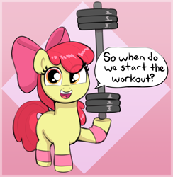 Size: 1654x1692 | Tagged: safe, artist:heretichesh, derpibooru import, apple bloom, earth pony, pony, barbell, clothes, female, filly, foal, leg warmers, open mouth, solo, speech bubble, weights