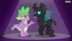 Size: 1920x1080 | Tagged: safe, artist:banquo0, derpibooru import, spike, thorax, the times they are a changeling, duo, male, simple background